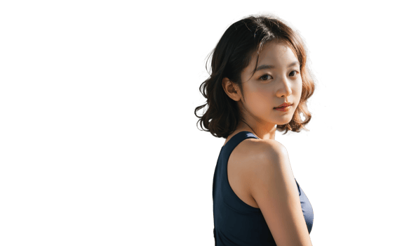 A woman in a navy sleeveless top poses in profile, showcasing her graceful features and curled hairstyle against a plain background. png