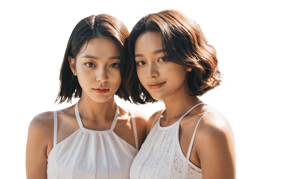 Two women with different hairstyles wearing white summer tops pose together, showcasing a fresh and radiant look against a light background. png