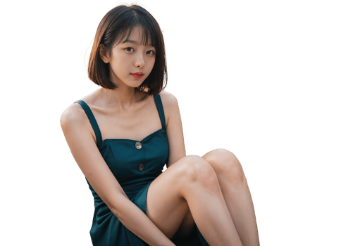 A woman in a dark green sleeveless top poses confidently, showcasing a blend of elegance and allure against a simple background. png