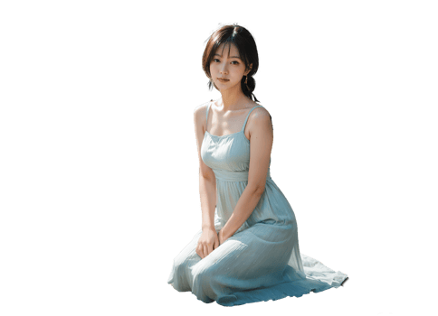 A woman in a flowing light blue dress sits gracefully, embodying an ethereal and serene aesthetic against a neutral backdrop. png