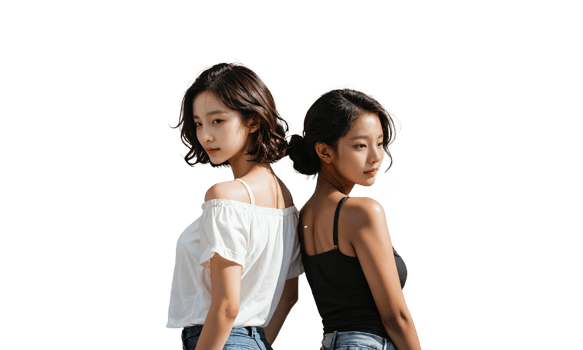 Two women pose back-to-back, one in an off-shoulder white top and the other in a black tank top, demonstrating contrasting yet complementary styles. png