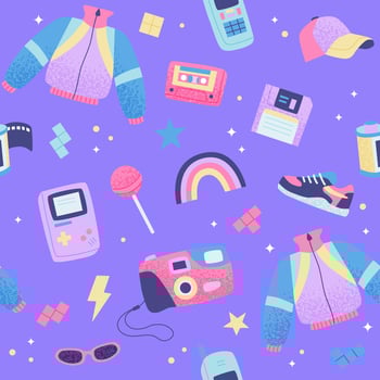 90s retro seamless pattern. Cute bright multicolor elements on purple background.. illustration in trendy flat style vector