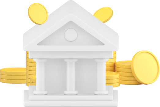 Bank building with retro column and golden cash coin money 3d icon png