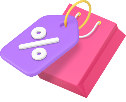 Shopping sale discount paper bag with tag price off cost reduction percent 3d icon png