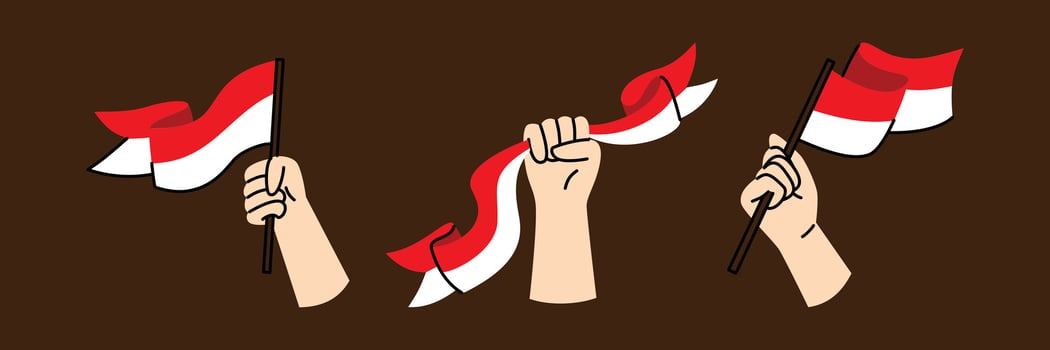 This vibrant illustration features hands holding Indonesian flags, perfect for celebrating national events or Independence Day with patriotic spirit. vector