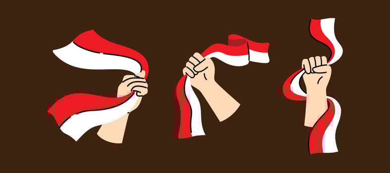 This vibrant illustration features hands holding Indonesian flags, perfect for celebrating national events or Independence Day with patriotic spirit. vector