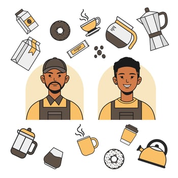 Barista Coffee Element in Flat Line color illustration set vector
