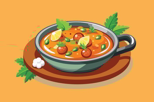 A bowl of curry with vegetables and lime leaves vector