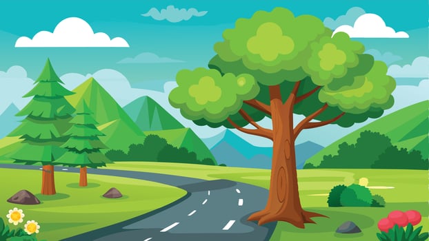 illustration of a road in the mountains with trees and flowers vector