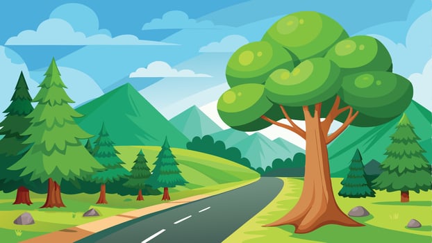 illustration of a road in the forest with a tree and mountains vector