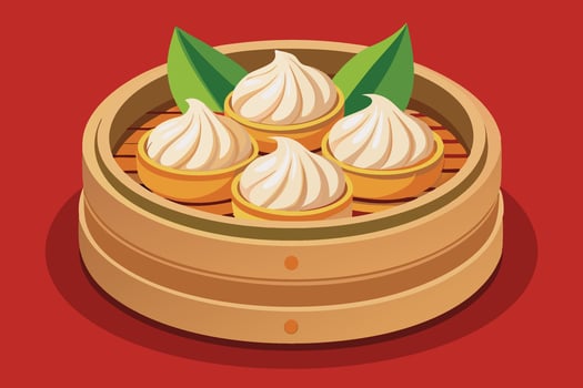Dumplings in a bamboo steamer on a red background vector