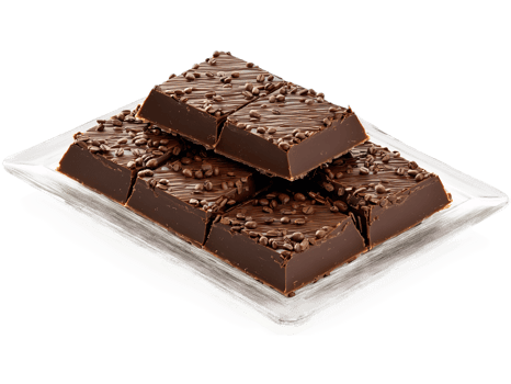 Chocolate espresso infused chocolate bars with coffee bean accents on a transparent glass tray rich png