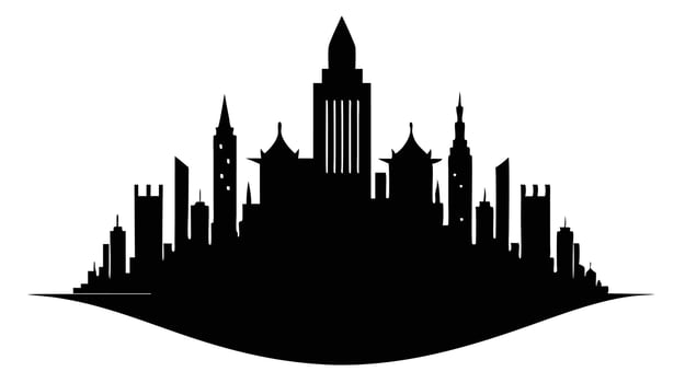 A black and white silhouette of a city with towers vector