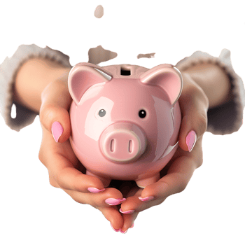 A female hand holding a PINK piggy bank isolated against a TRANSPARENT background png