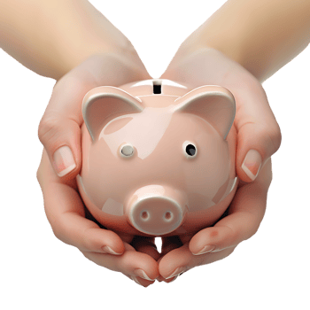 A female hand holding a PINK piggy bank isolated against a TRANSPARENT background png