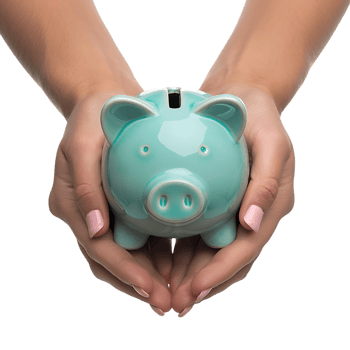 A female hand holding a BLUE piggy bank isolated against a TRANSPARENT background png