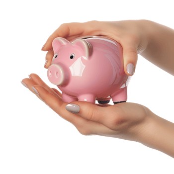 A female hand holding a PINK piggy bank isolated against a TRANSPARENT background png
