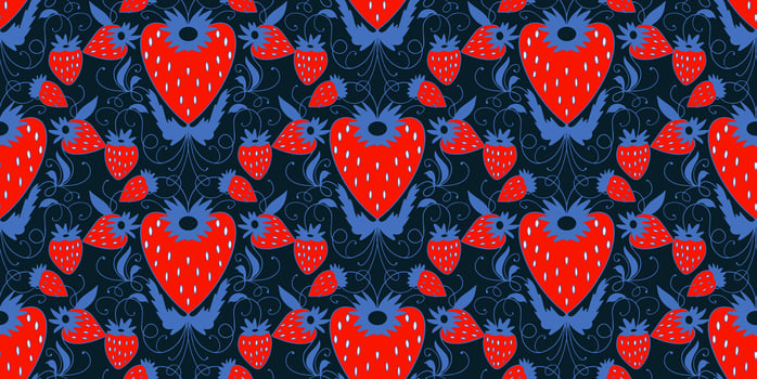 Strawberry retro coquette cute seamless pattern repeat of handdrawn, leaves and flowers vector