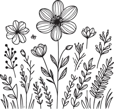 Bouquet of Spring flower hand drawn pencil sketch, coloring page, and book for adults isolated on white background floral element tattooing, illustration ink art, blossom pansy, spring collect vector