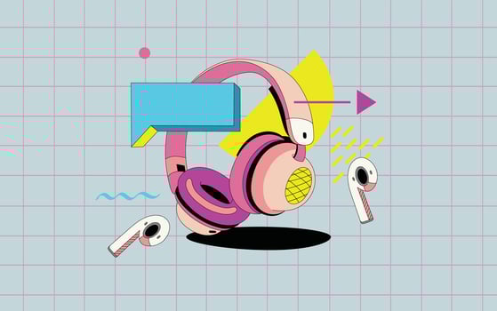 Headphones in the style of the 90s on the background. vector
