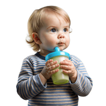 A baby holding a cup with a blue lid png