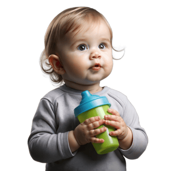 A baby holding a green cup png