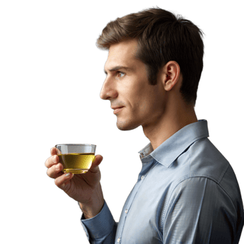 A man is holding a cup of tea and looking at the camera png