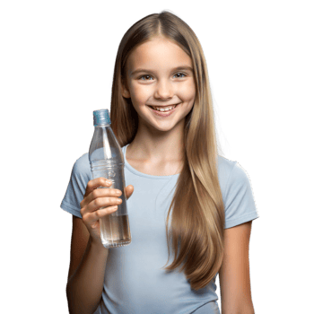A young girl is holding a bottle of water and smiling png