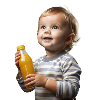 A baby holding a bottle of orange juice png