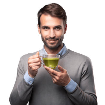 A man is holding a cup of green tea and smiling png