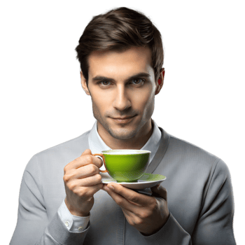 A man is holding a green coffee cup in his hand png