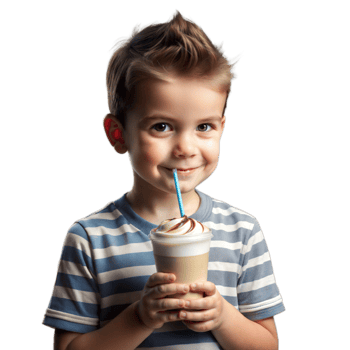 A young boy is holding a cup of coffee with a straw in it png