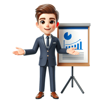 Cartoon businessman doing a presentation with present board png