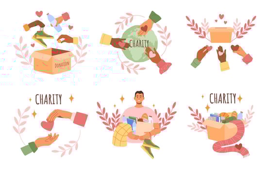 Charity donation. People giving donations for charity, community support and philanthropy illustration set vector