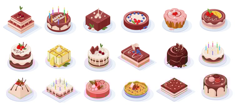 Isometric birthday event tasty strawberry, vanilla, chocolate cakes vector