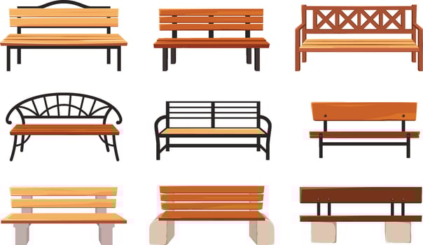Cartoon bench. Wooden park benches, comfortable public garden seats and outdoor furniture illustration set vector