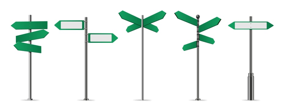 Green street signs. Directional pole with wayfinding arrows, finger post sign isolated realistic illustration set vector