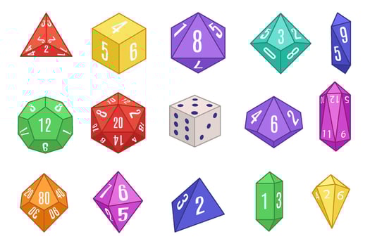 Board game dices. Various dice set for tabletop role playing games, geometric multi-sided dice isolated illustration set vector