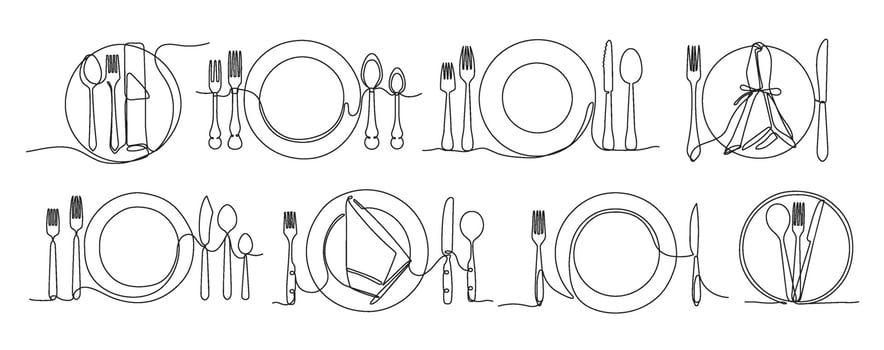 Continuous one line served plate. Minimalist plates, forks, knives and spoons for restaurant menu design illustration set vector