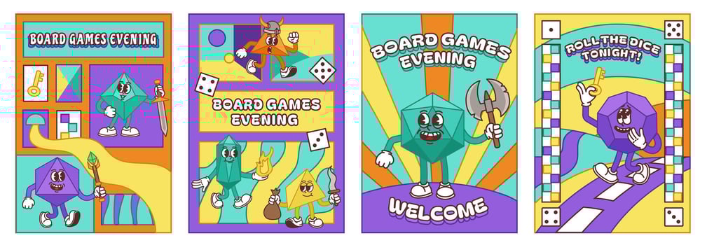 Board games evening event banners. Invitation poster or flyer design with playful tabletop gaming geometric characters illustration set vector