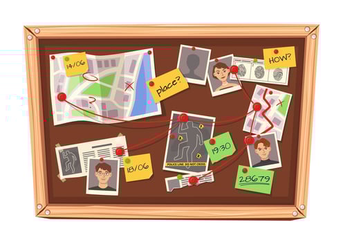 Detective board. Mystery investigation cork board with clues, marked maps, suspect photographs, evidence fingerprints, time notes, and crime scene information isolated cartoon illustration vector