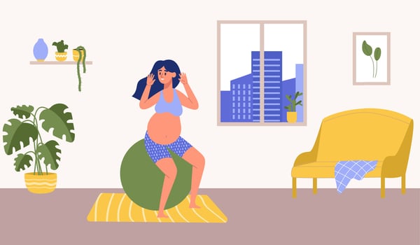 Pregnant woman practicing yoga at home with fitness ball vector