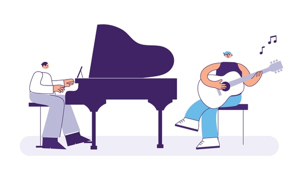 Creative professions, art industry workers, musicians with instruments vector