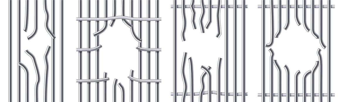 Break prison metal bars. Hole in jail lattice, broken iron cage and jailbreak illustration set vector