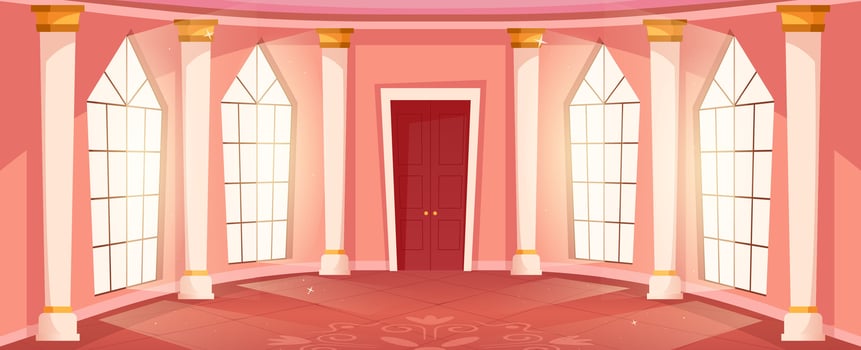 Ballroom hall background. Cartoon medieval castle interior with tall windows, royal grand hall illustration vector