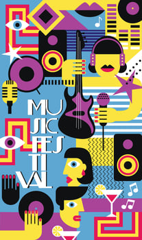 Abstract geometric music festival poster. Musical instruments, party cocktails and singer pop art illustration. vector
