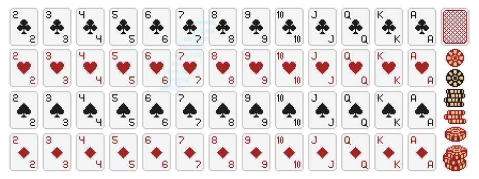 Pixel art poker. Pixelated 8 bit playing cards deck icons with clubs, diamonds, hearts and spades suits symbols and poker chips in retro game style set. vector