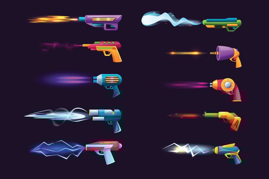 Futuristic shooting blasters. Laser guns, alien weapons with glowing strike effects, lightning beam and plasma blast. Isolated set. vector