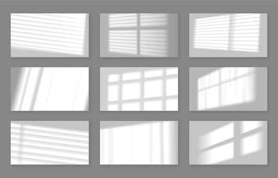 Realistic wall with gobo shadow. Window frame and blinds shadows cast on white studio background, lightning effect overlay set vector