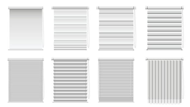 Realistic window blinds and shades. Window coverings set of roller, Venetian and vertical blinds, Roman and pleated shades isolated illustration. vector